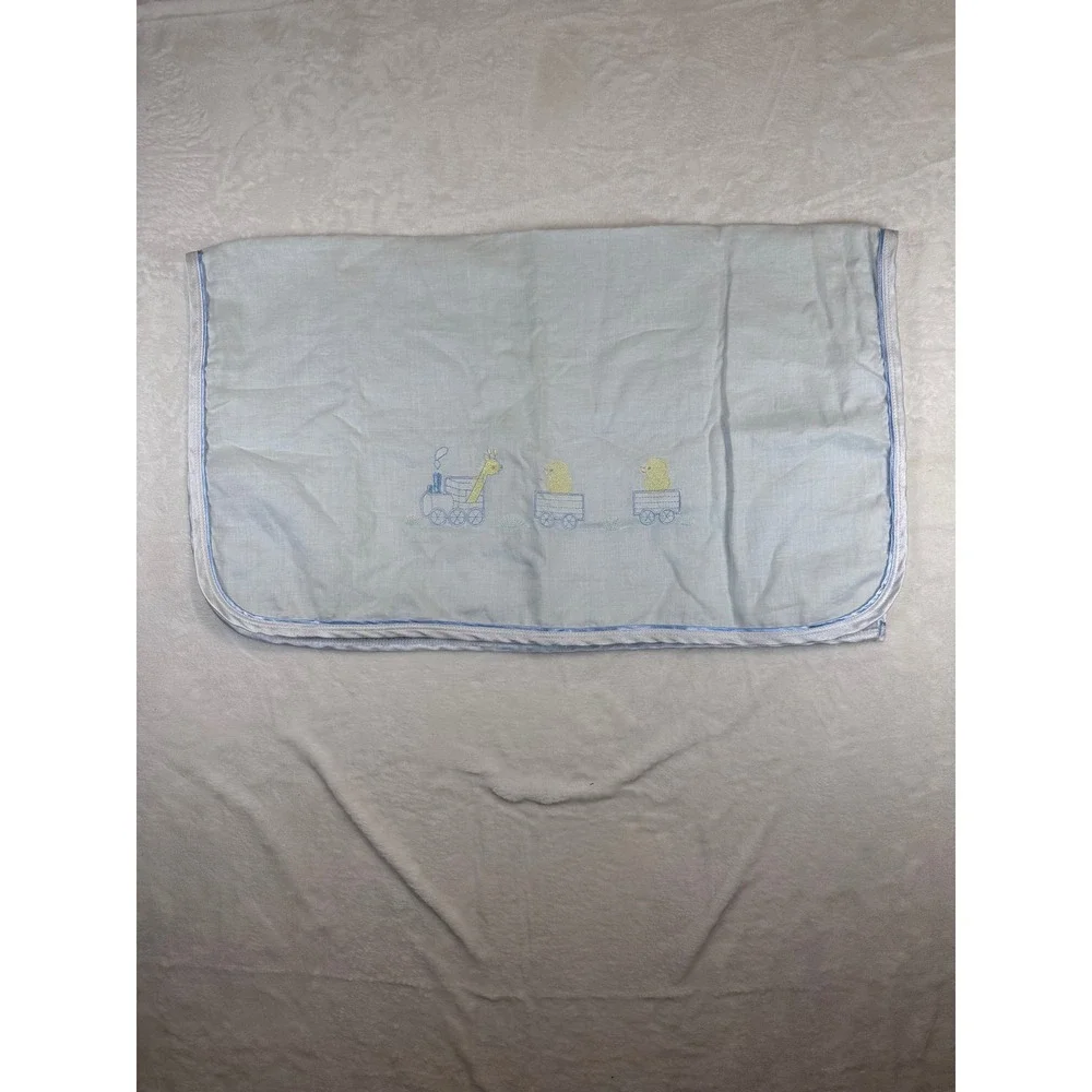 Will'beth Baby Blanket Blue Linen Embroidered Train Giraffe Duck Heirloom Kids